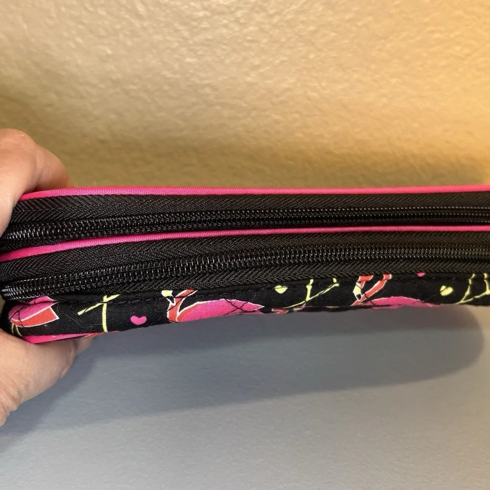 Pink Flamingos Double Zip Make-Up Pencil Storage Case Quilted Exterior Pocket